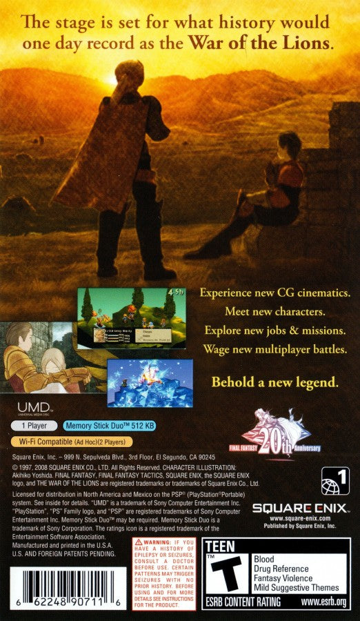 Final Fantasy Tactics: The War of the Lions retro PSP video game Final Fantasy Tactics The War of the Lions tactical RPG turn based strategy fantasy warfare grid based combat story driven role playing game handheld release back cover