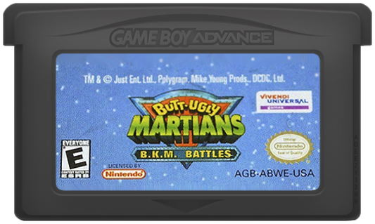 Butt-Ugly Martians: BKM Battles Nintendo Game Boy Advance GBA for action strategy retro video game fans featuring alien battles tactical combat cartoon inspired characters futuristic sci fi missions team based gameplay classic handheld gaming collectible gaming appeal cartridge
