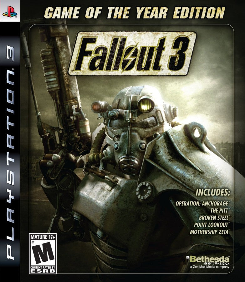 Fallout 3 Game of the Year Edition PlayStation 3 PS3 for action role playing video game fans featuring open world post apocalyptic exploration immersive wasteland adventure character customization tactical combat side quests downloadable content survival gameplay collectible gaming appeal front cover