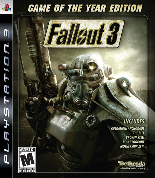 Fallout 3 Game of the Year Edition PlayStation 3 PS3 for action role playing video game fans featuring open world post apocalyptic exploration immersive wasteland adventure character customization tactical combat side quests downloadable content survival gameplay collectible gaming appeal front cover