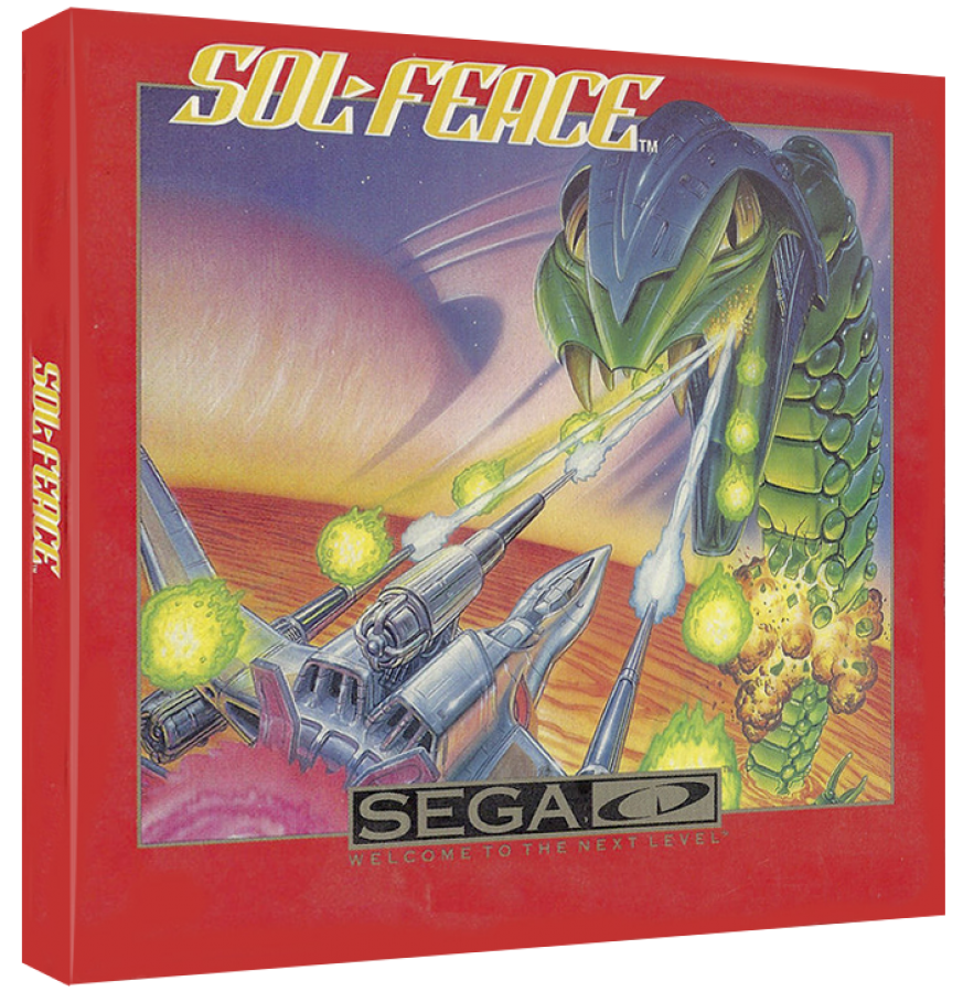 Sol-Feace Sega CD shoot em up video game featuring fast-paced space combat futuristic spacecraft intense enemy waves powerful weapons boss battles scrolling action challenging stages and classic Sega CD gameplay collectible retro gaming appeal box art