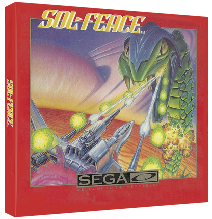 Sol-Feace Sega CD shoot em up video game featuring fast-paced space combat futuristic spacecraft intense enemy waves powerful weapons boss battles scrolling action challenging stages and classic Sega CD gameplay collectible retro gaming appeal box art