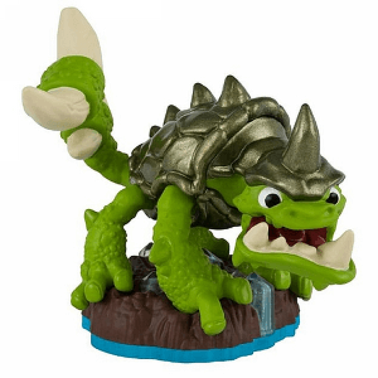 Slobber Tooth Skylanders Swap Force figure, earth element dinosaur-like creature with rocky armor, large teeth and bulky build, posed in battle stance, detailed collectible toy on portal base from Skylanders Swap Force series