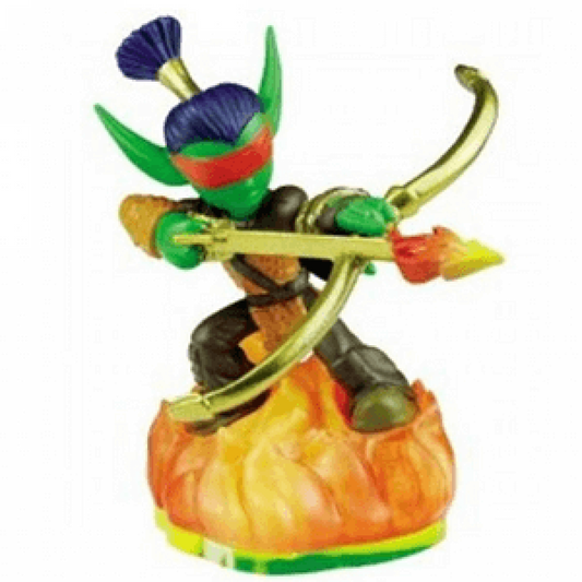 Flameslinger Skylanders Spyro’s Adventure figure, fire element elf archer with flaming bow and blazing arrows, agile stance with fire effects, detailed collectible toy on portal base from Skylanders Spyro’s Adventure series