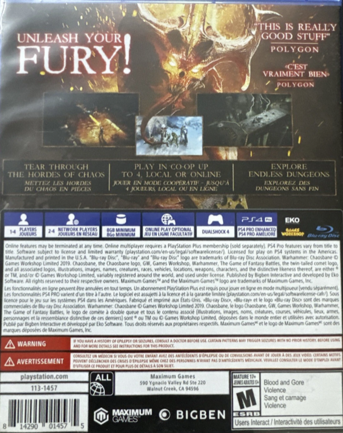 Warhammer: Chaosbane – PlayStation 4 (PS4) video game back of case, action role-playing game.