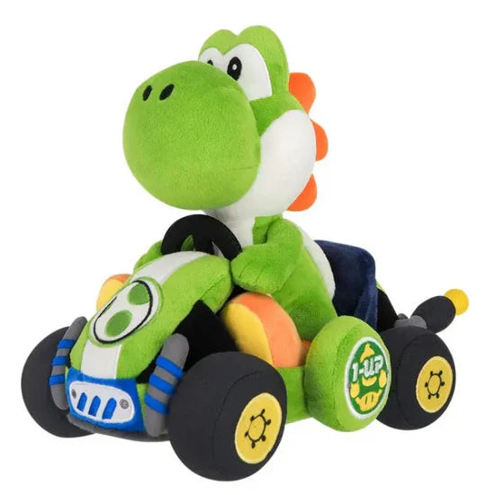 Yoshi in Kart Plush Nintendo Super Mario collectible for gaming enthusiasts featuring soft plush construction kart racing inspired design iconic Yoshi character themed merchandise display worthy gaming collectible colorful Nintendo fan item and collectible gaming appeal front