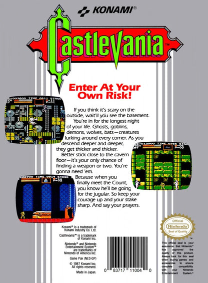 Castlevania cartridge for the Nintendo Entertainment System with five screw design featuring 8 bit gothic side scrolling action platformer gameplay as Simon Belmont battles Dracula and monsters back cover 