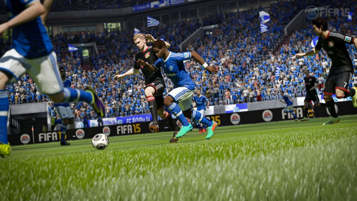 Retro FIFA 15 PS4 inspired design featuring realistic soccer simulation aesthetic next generation sports gameplay immersive stadium atmosphere fast paced football matches licensed teams competitive online play nostalgic EA Sports presentation gameplay