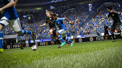 Retro FIFA 15 PS4 inspired design featuring realistic soccer simulation aesthetic next generation sports gameplay immersive stadium atmosphere fast paced football matches licensed teams competitive online play nostalgic EA Sports presentation gameplay