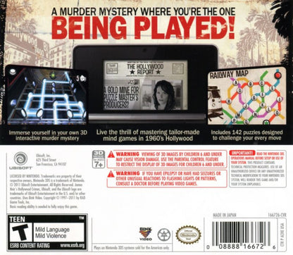James Noir's Hollywood Crimes for Nintendo 3DS puzzle adventure game featuring detective mysteries brain teaser challenges and Hollywood themed crime solving gameplay back cover
