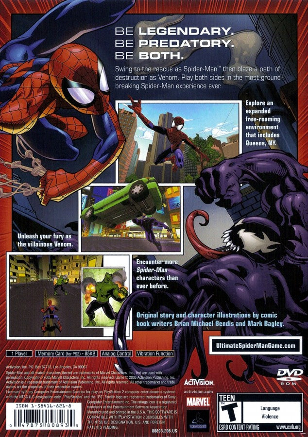Ultimate Spider-Man PlayStation 2 PS2 for action adventure video game fans featuring open world superhero gameplay web swinging exploration intense combat missions Marvel characters Venom storyline comic book inspired visuals city traversal special abilities and cinematic storytelling collectible gaming appeal back cover