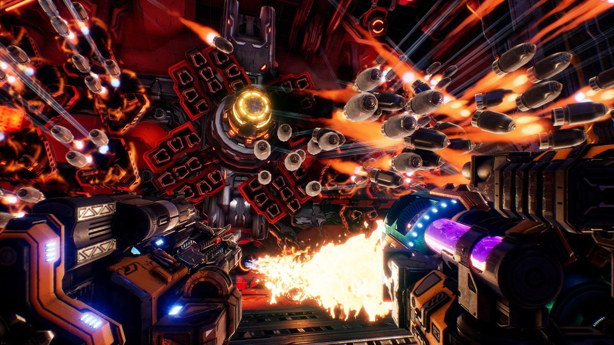 Mothergunship: gameplay for Xbox One (XONE) first-person shooter / bullet-hell video game.