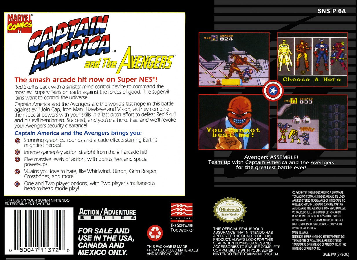 Captain America and the Avengers retro SNES video game Captain America Marvel superhero beat em up action combat cooperative gameplay arcade style adventure console title Super Nintendo release back of case