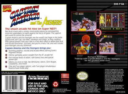 Captain America and the Avengers retro SNES video game Captain America Marvel superhero beat em up action combat cooperative gameplay arcade style adventure console title Super Nintendo release back of case