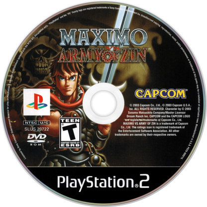 Maximo vs Army of Zin PS2 Sony PlayStation 2 action platformer hack and slash game Capcom sequel armored knight combat undead robot army dungeon exploration challenging gameplay retro gaming PlayStation 2 software video game title disc