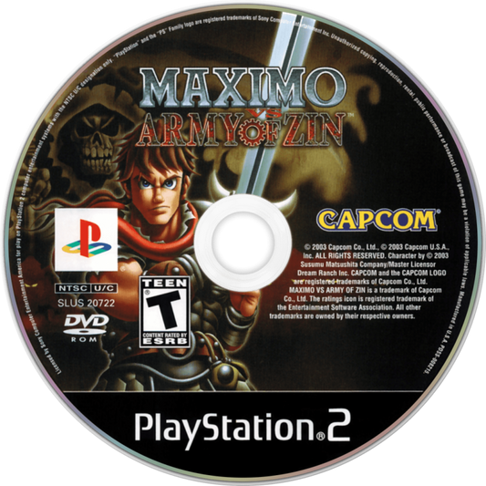 Maximo vs Army of Zin PS2 Sony PlayStation 2 action platformer hack and slash game Capcom sequel armored knight combat undead robot army dungeon exploration challenging gameplay retro gaming PlayStation 2 software video game title disc