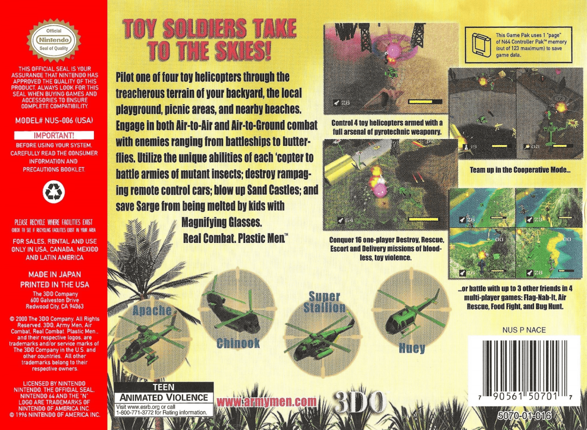 Army Men: Air Combat [Green Cart] back cover art for Nintendo 64 (N64) video game
