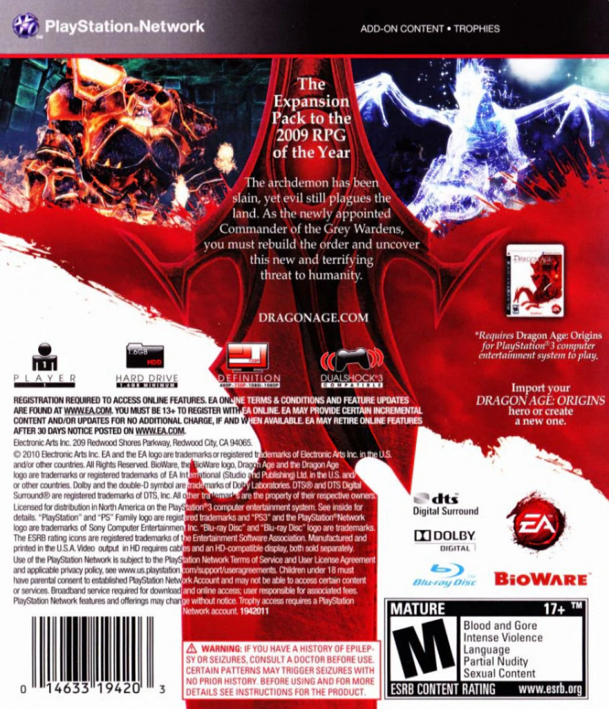 Dragon Age Origins Awakening PlayStation 3 PS3 role playing video game expansion featuring dark fantasy adventure epic quests tactical combat character customization powerful abilities dangerous enemies party-based gameplay and immersive Dragon Age storytelling collectible gaming appeal back cover art