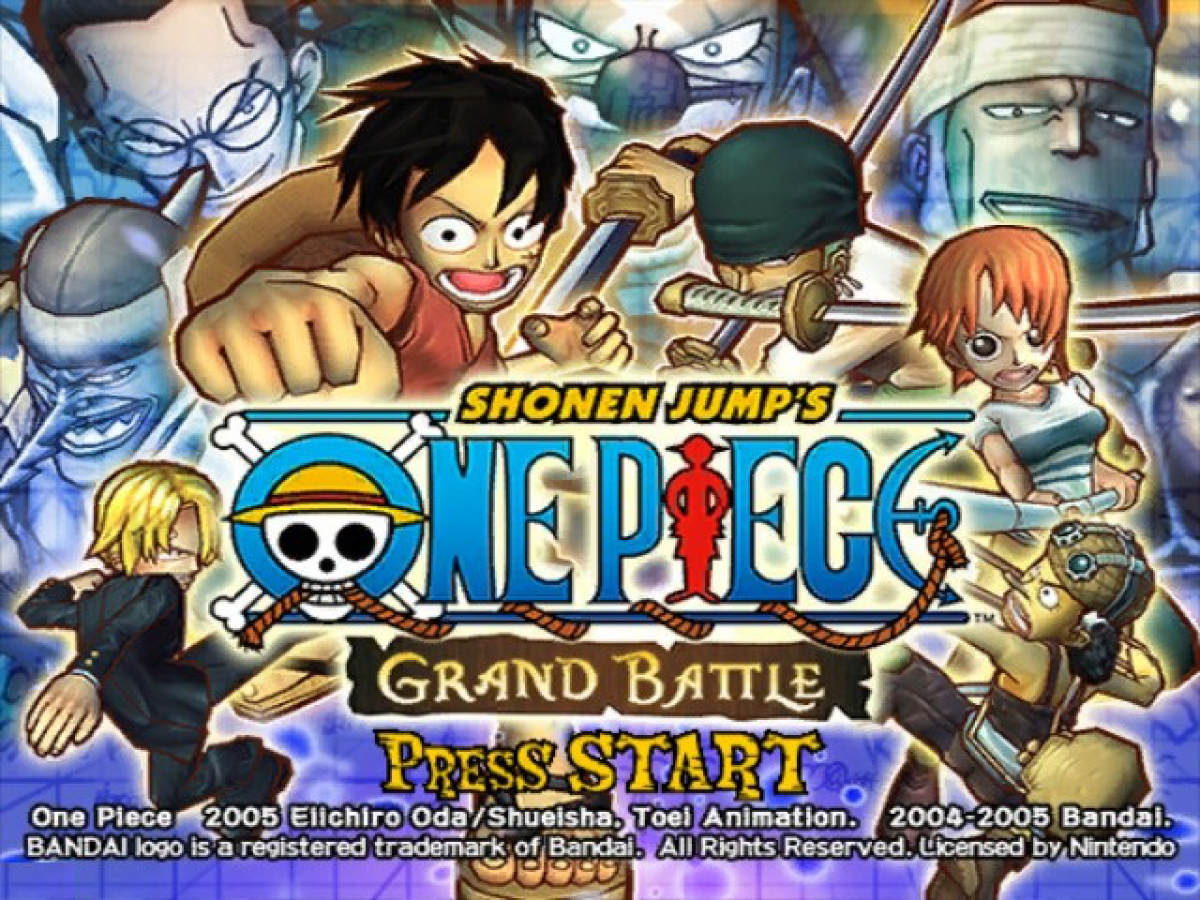 One Piece Grand Battle title screen for GameCube game featuring anime-inspired fighting gameplay with popular One Piece characters