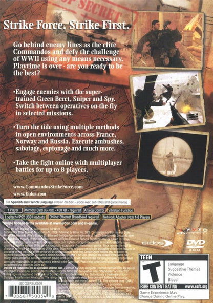 Commandos Strike Force PlayStation 2 PS2 for tactical first person shooter video game fans featuring World War II missions stealth gameplay elite commando squad strategic objectives sniper action espionage infiltration cooperative style squad mechanics immersive military campaign collectible gaming appeal back cover art