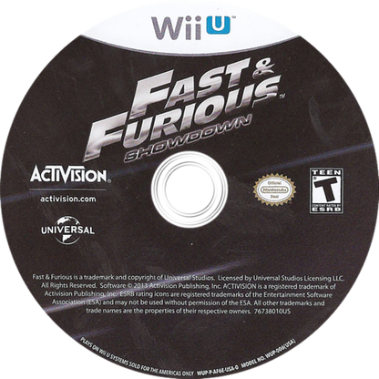 Fast and Furious Showdown disc cover art for Nintendo WII U racing video game. 