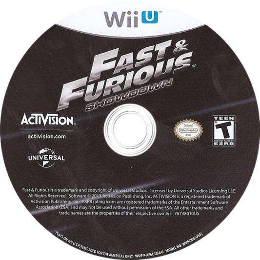 Fast and Furious Showdown disc cover art for Nintendo WII U racing video game. 