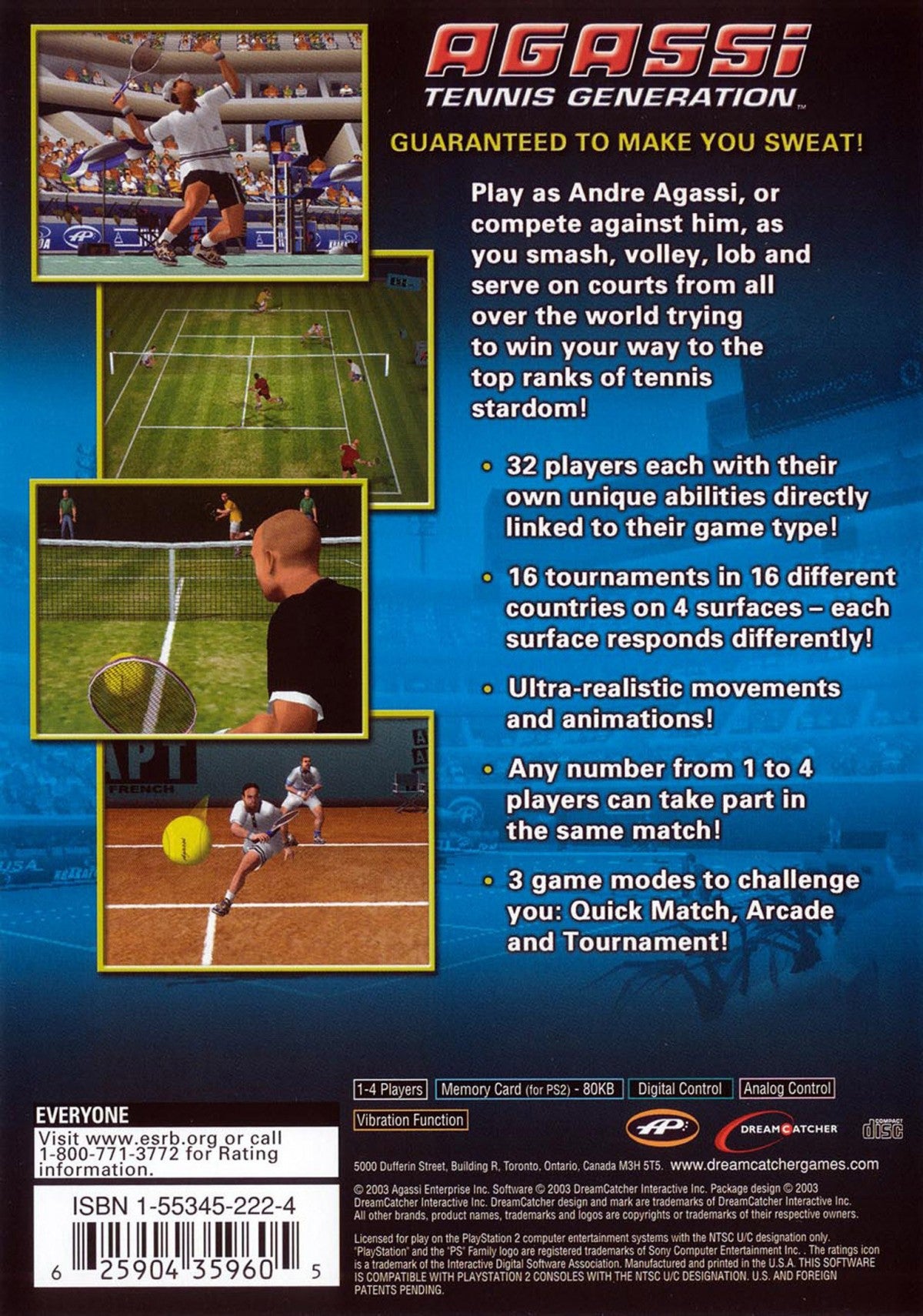 Agassi Tennis Generation PS2 sports tennis video game back cover art