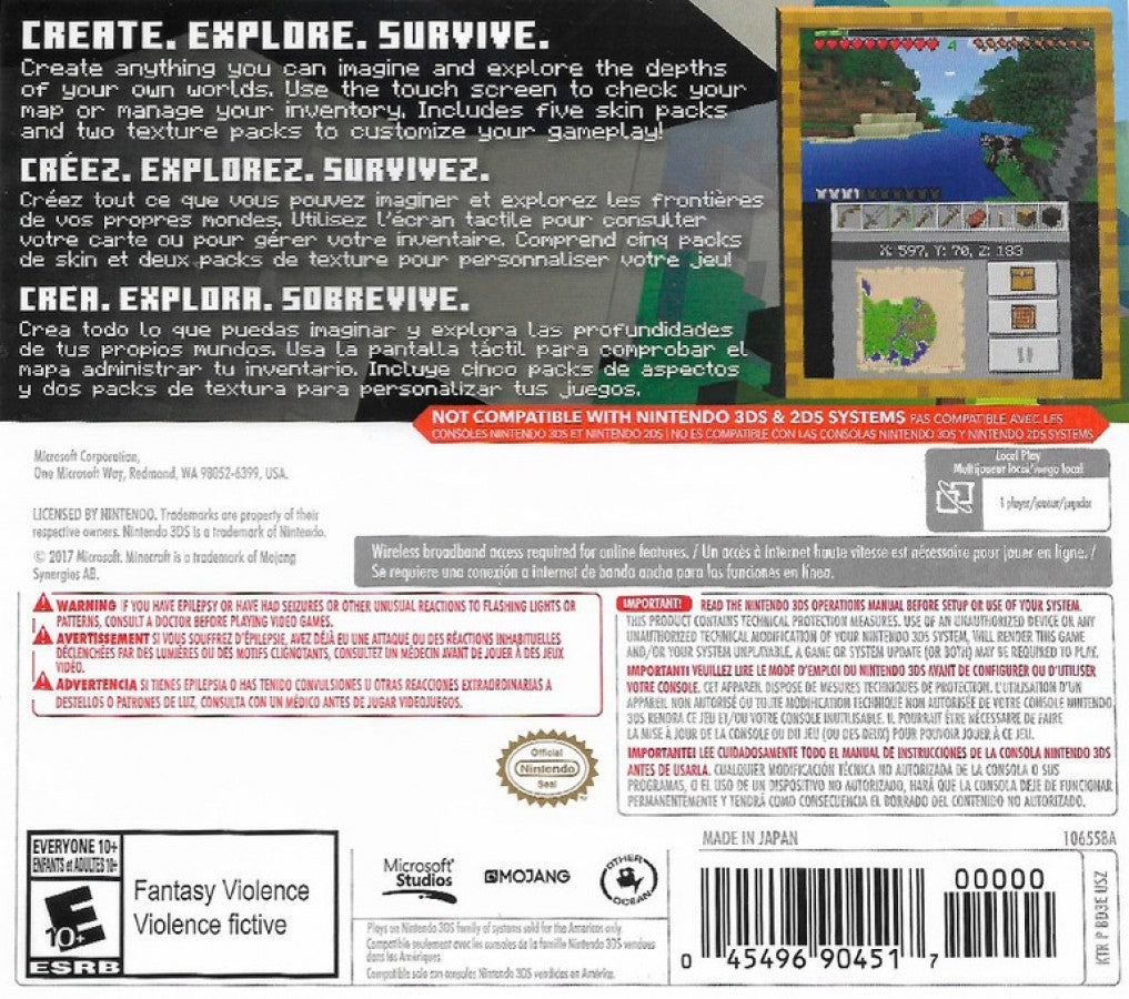 Minecraft New Nintendo 3DS Edition Nintendo 3DS for video game enthusiasts featuring sandbox building gameplay survival and creative modes block based world exploration crafting resource gathering endless adventure and collectible gaming appeal back art 