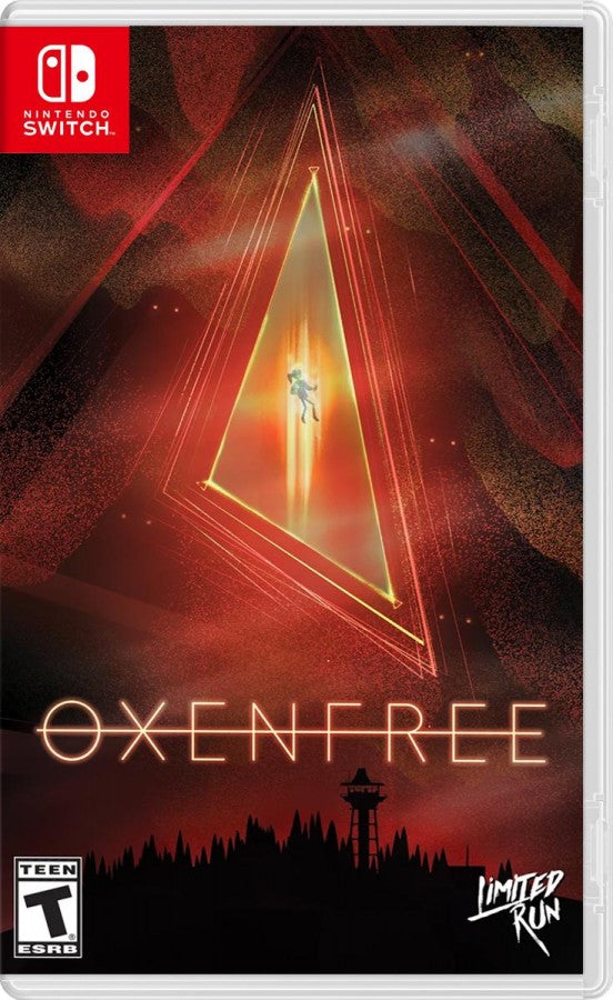Oxenfree Limited Run #010 Nintendo Switch inspired design featuring supernatural narrative adventure aesthetic mysterious island exploration eerie radio signal phenomena branching dialogue choices atmospheric storytelling suspenseful mystery gameplay collectible limited release presentation front cover