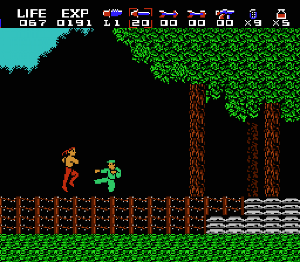 Rambo Nintendo Entertainment System NES video game featuring action adventure gameplay John Rambo military combat enemy battles weapon attacks jungle missions survival action challenging stages and classic 8 bit Nintendo gameplay retro video game collection collectible gaming appeal gameplay