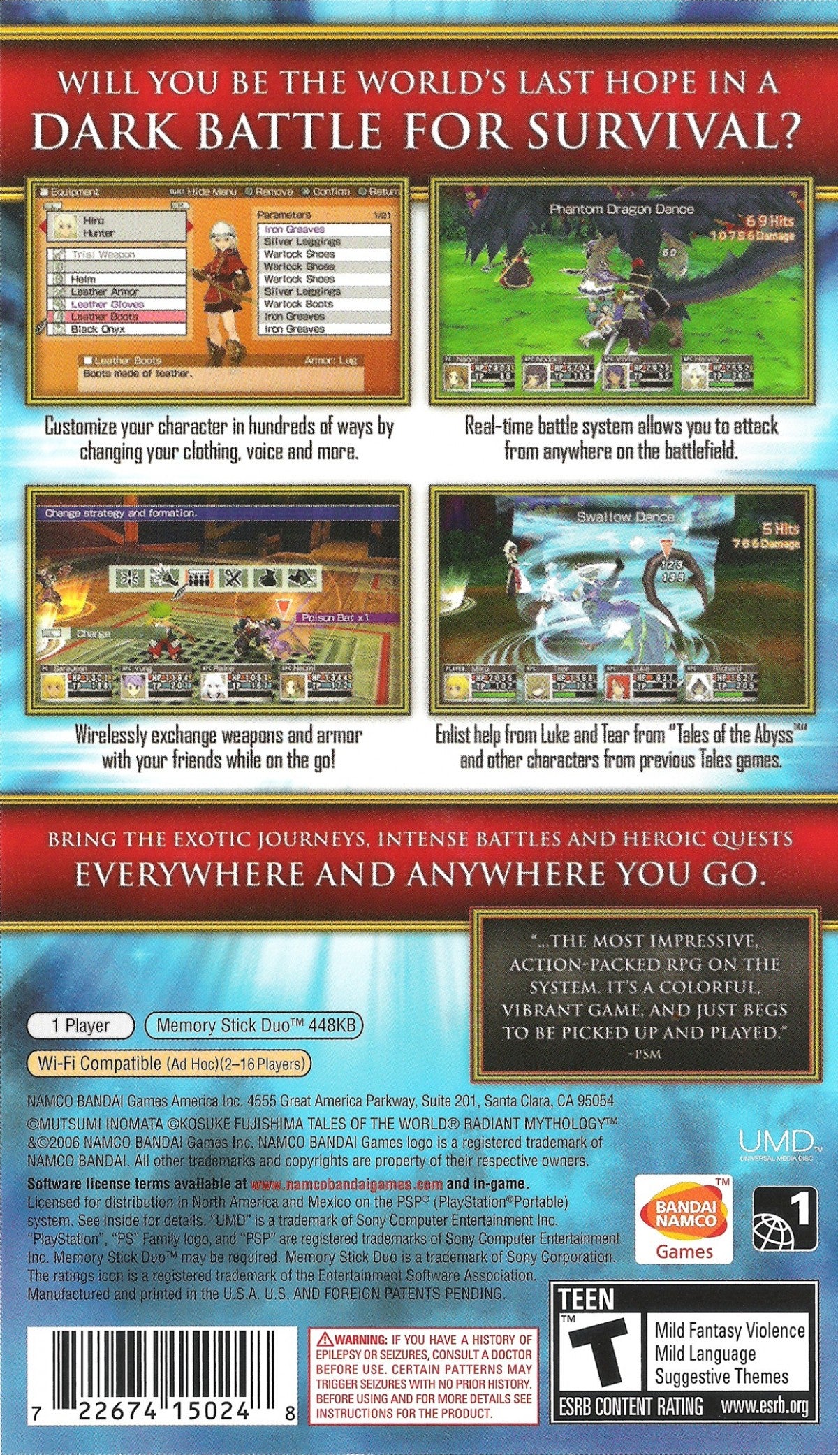 Tales of the World Radiant Mythology PlayStation Portable PSP for retro video game enthusiasts featuring fantasy action role playing gameplay real time combat character customization party based adventures expansive world exploration iconic Tales series characters and collectible gaming appeal back cover