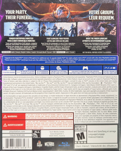 Dungeons & Dragons Dark Alliance PlayStation 4 action RPG real-time combat co-op multiplayer Icewind Dale setting Drizzt Do'Urden Catti-brie Wulfgar Bruenor Battlehammer legendary monsters frost giants beholders white dragons Tuque Games back cover
