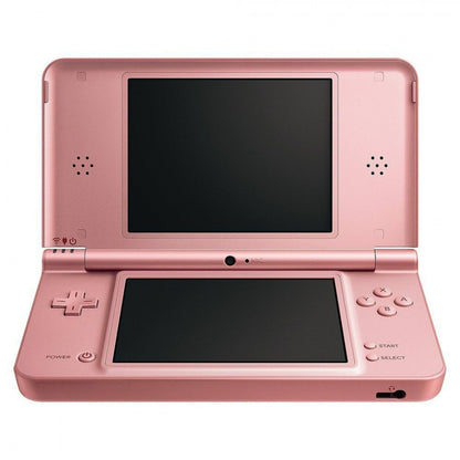 Opened Nintendo DSi XL in rose pink showing dual screens, hinge, and control buttons