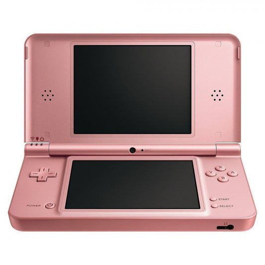 Opened Nintendo DSi XL in rose pink showing dual screens, hinge, and control buttons