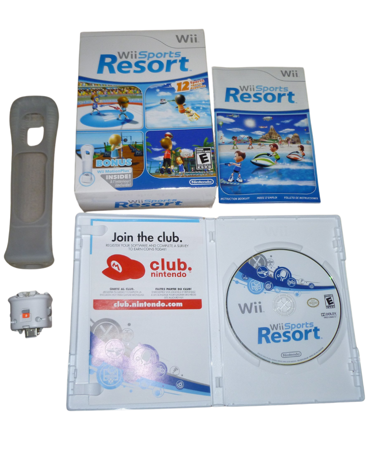 Wii Sports Resort Wii MotionPlus bundle Nintendo Wii video game, complete in box CIB, motion-controlled sports gameplay, family-friendly multiplayer title contents