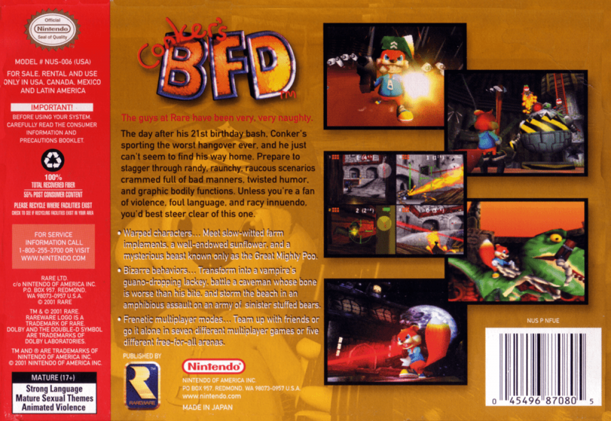 Conkers Bad Fur Day back cover art for Nintendo 64 N64 video game