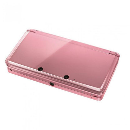 Nintendo 3DS handheld console Pink Pearl, portable gaming system, dual-screen Nintendo device, retro and modern game compatibility angled top view of pink shell