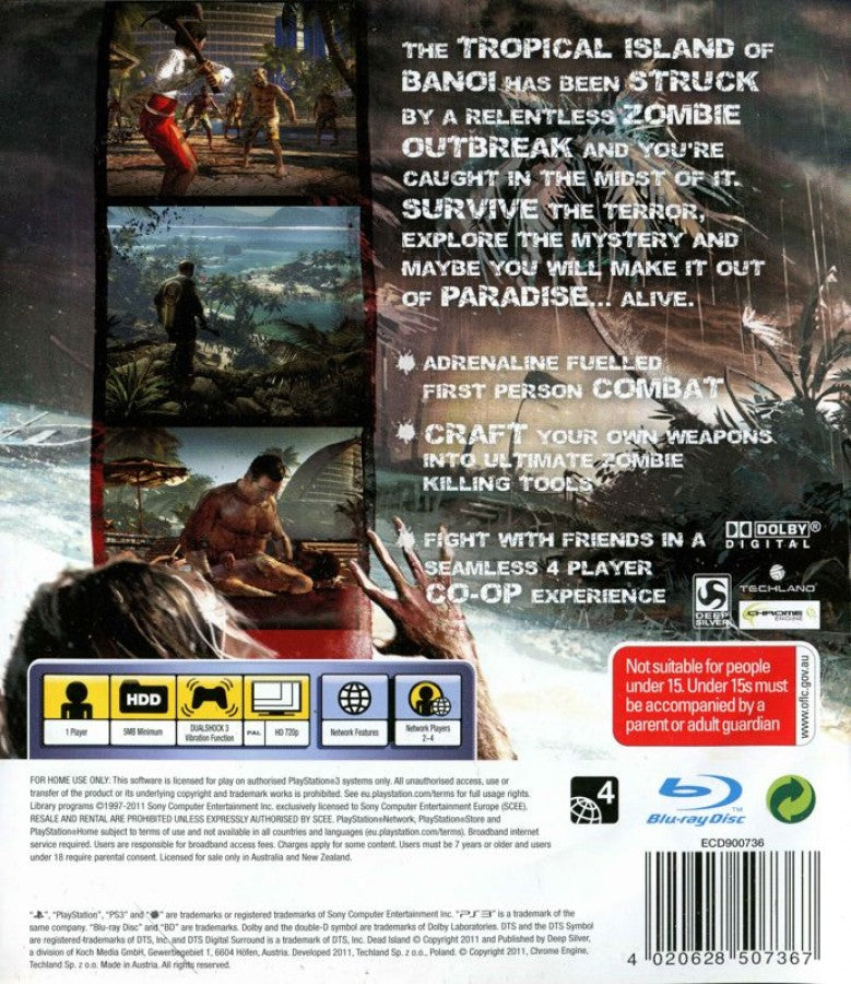 Dead Island back cover art for PlayStation 3 (PS3) video game