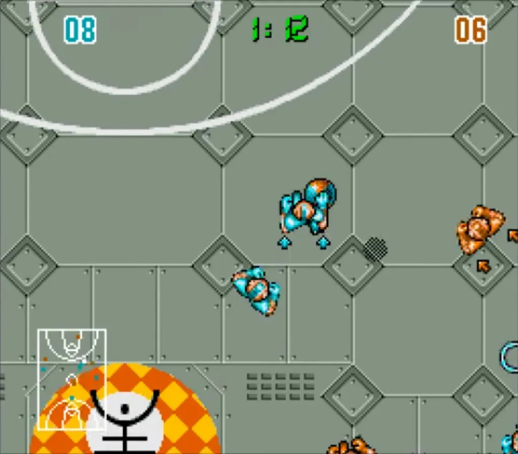 Bill Laimbeer's Combat Basketball Super Nintendo SNES futuristic sports video game set in 2030 weapons and mines legal no referees robot players overhead perspective league play gameplay screenshot