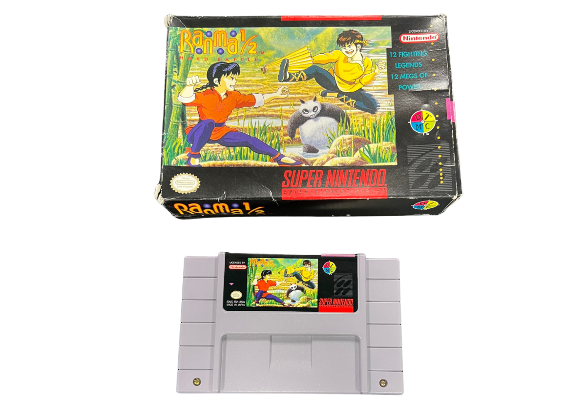 Ranma 1/2 Hard Battle Super Nintendo Entertainment System SNES for retro video game enthusiasts featuring anime inspired fighting gameplay one on one martial arts battles colorful character roster special moves competitive action classic 16 bit graphics and collectible gaming appeal front cover art cartidge