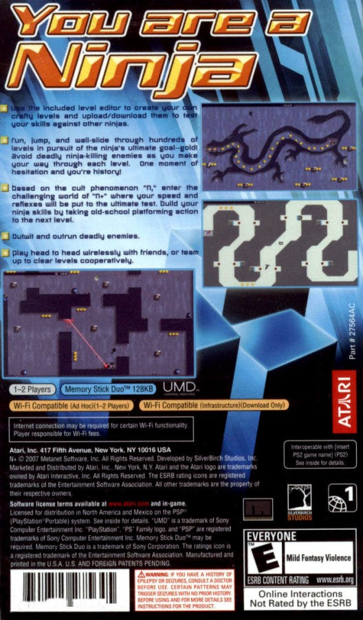 N+ back of case for PlayStation Portable (PSP) action platformer game