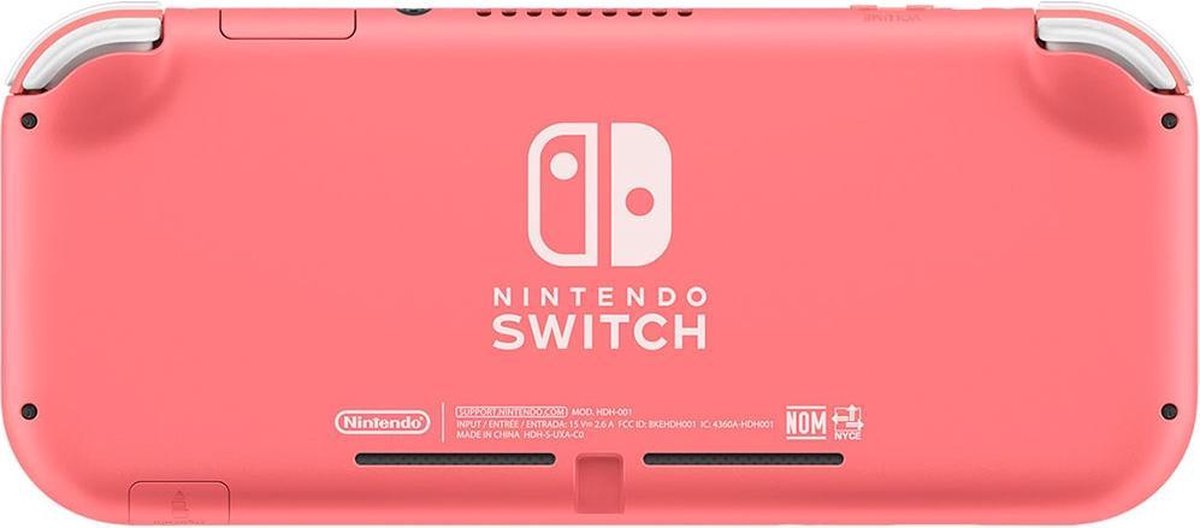 Nintendo Switch Lite system in coral featuring a compact handheld design built for portable gaming back facing