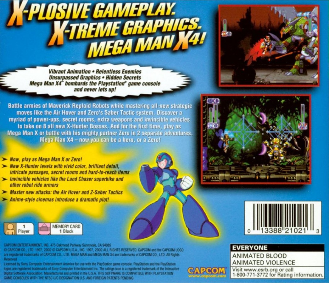 Mega Man X4 retro sci-fi action platform game for PlayStation 1 (PS1) back of case