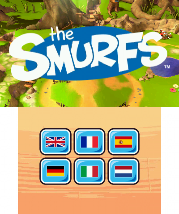 The Smurfs start screen for Nintendo 3DS (3DS) platformer video game