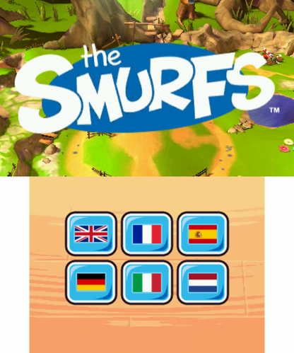 The Smurfs start screen for Nintendo 3DS (3DS) platformer video game