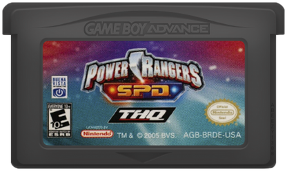 Power Rangers SPD for Game Boy Advance, cartridge for an action platformer video game with side-scrolling combat, character abilities, mission-based gameplay, and team-based challenges