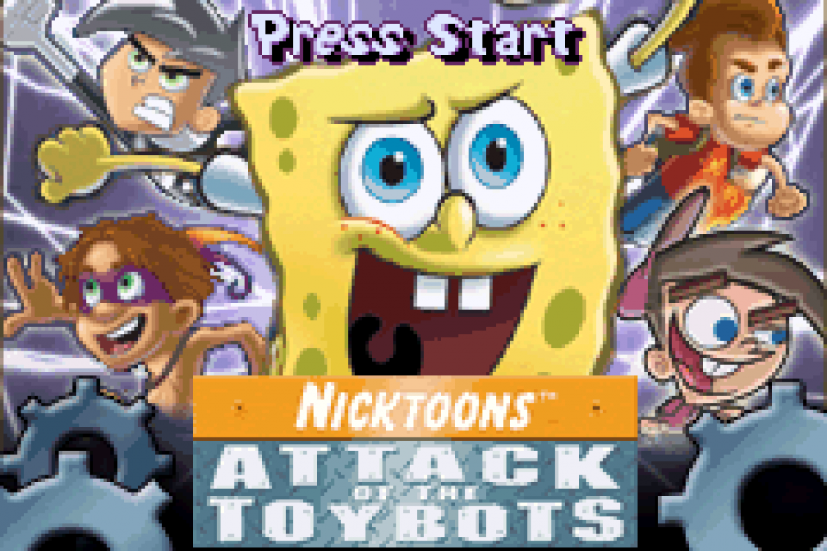 Nicktoons Attack of the Toybots for Game Boy Advance, title screen for a retro video game featuring action platforming gameplay, crossover cartoon characters, combat challenges, puzzle-solving, and side-scrolling adventure
