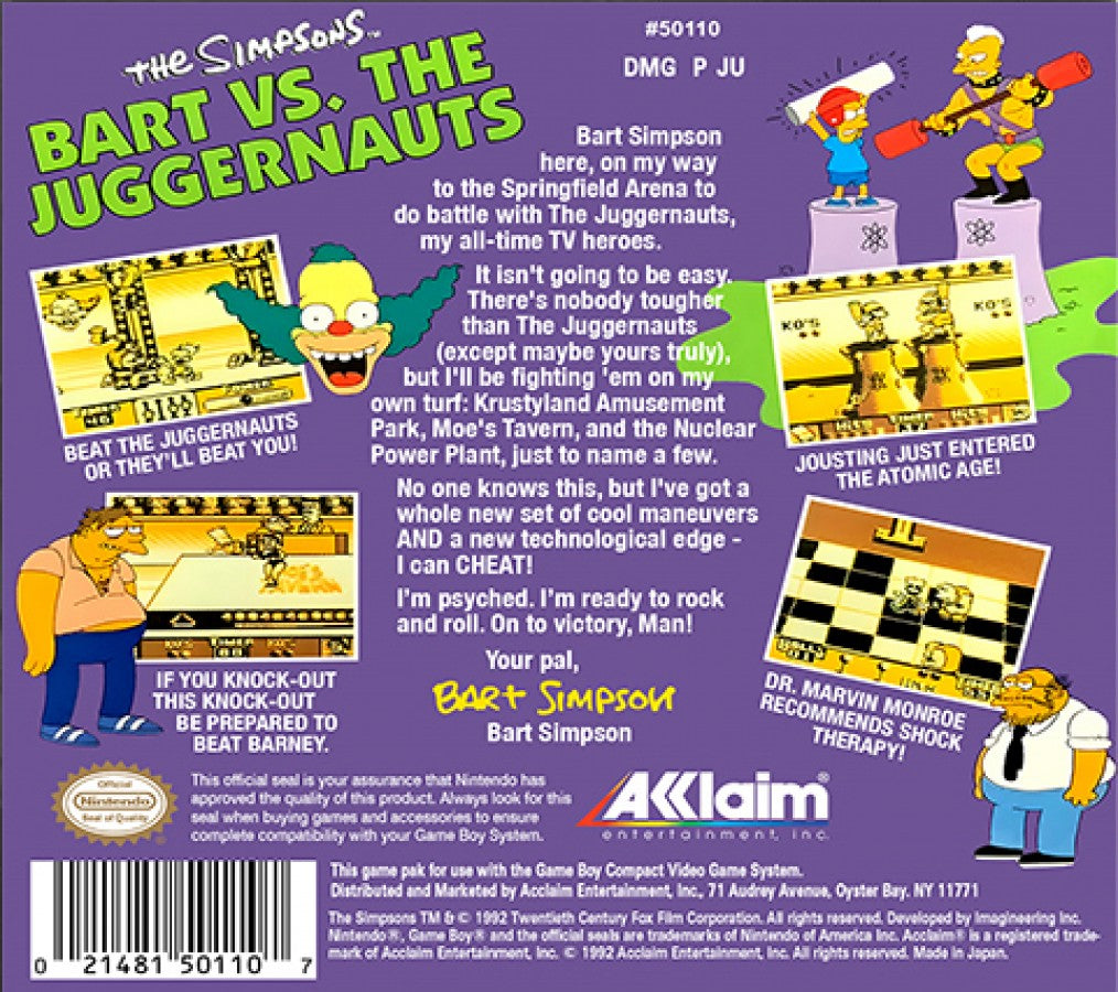 The Simpsons Bart vs the Juggernauts Game Boy handheld action puzzle game featuring Bart Simpson trivia challenges against celebrity opponents back over art