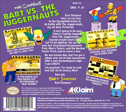 The Simpsons Bart vs the Juggernauts Game Boy handheld action puzzle game featuring Bart Simpson trivia challenges against celebrity opponents back over art