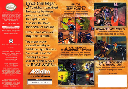 Turok: Rage Wars [Black Cart]– Nintendo 64 (N64) back cover art for video game